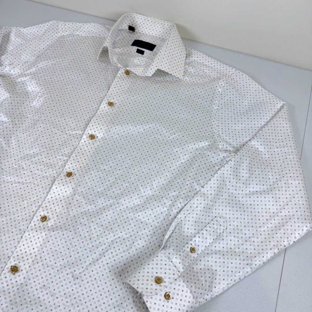 David Donahue Mens Trim Fit Dress Shirt White Geometric Print 16.5 34/35